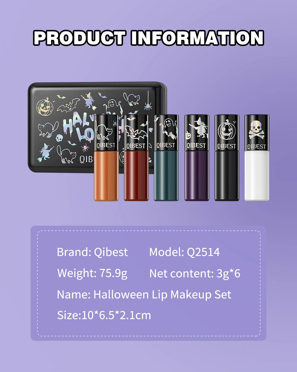 QIBEST Halloween Liquid Lipstick Makeup Sets Waterproof Matte Lipstick Red Black Orange Purple Lip Stain Tint Lasting Cosmetics