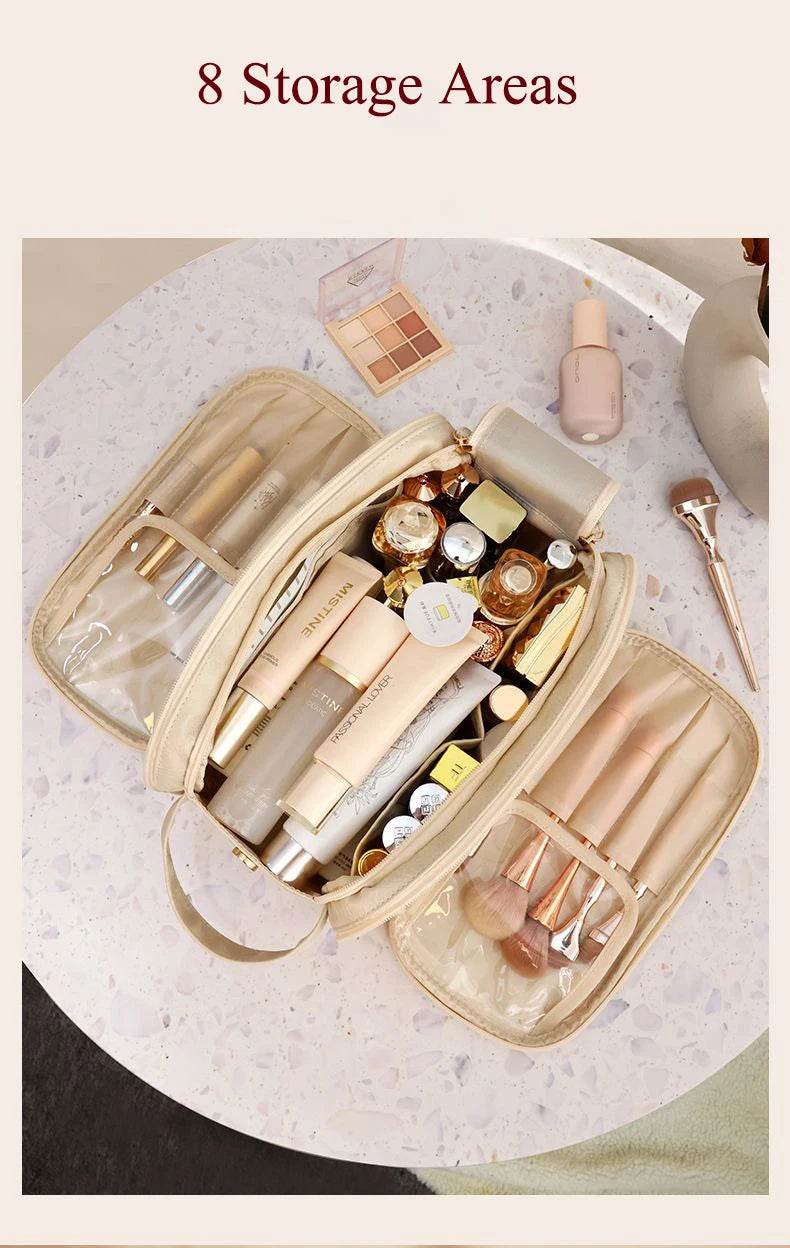 Multifunctional Makeup Bag For Women PU Leather Large Capacity Portable Double Zipper Travel Makeup Brush Toiletries Storage Bag