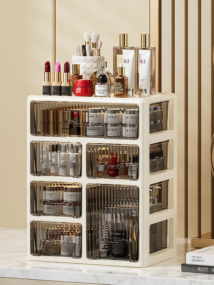 Cream Color Cosmetics Box,Multi-compartment Lipstick/Mask Organizer,Drawer Dresser for Skincare/Makeup Brushes,1–4 tiers