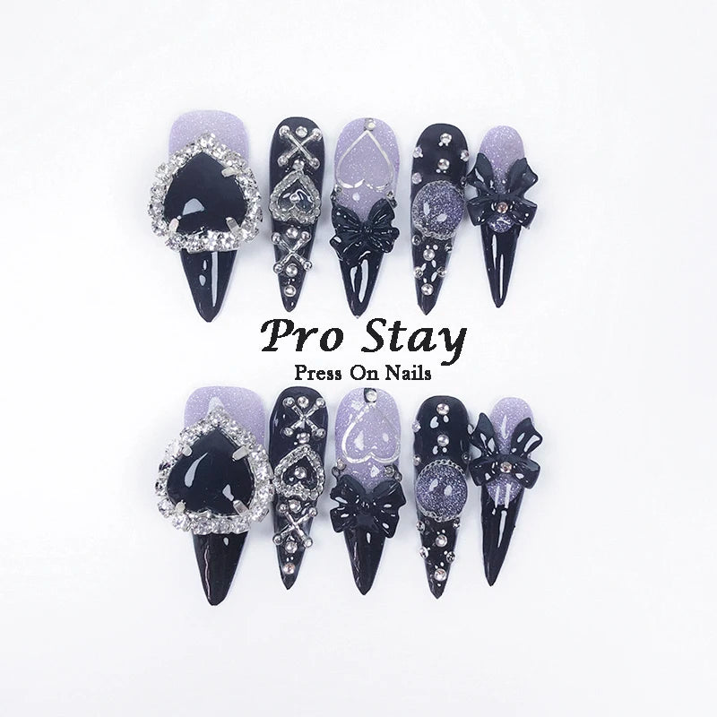 10pcs Dark Black Y2k Hot Girl Handmade Press On Nails Sweet Cool With Diamond Metal Decoration Wearable Artificial False Nail