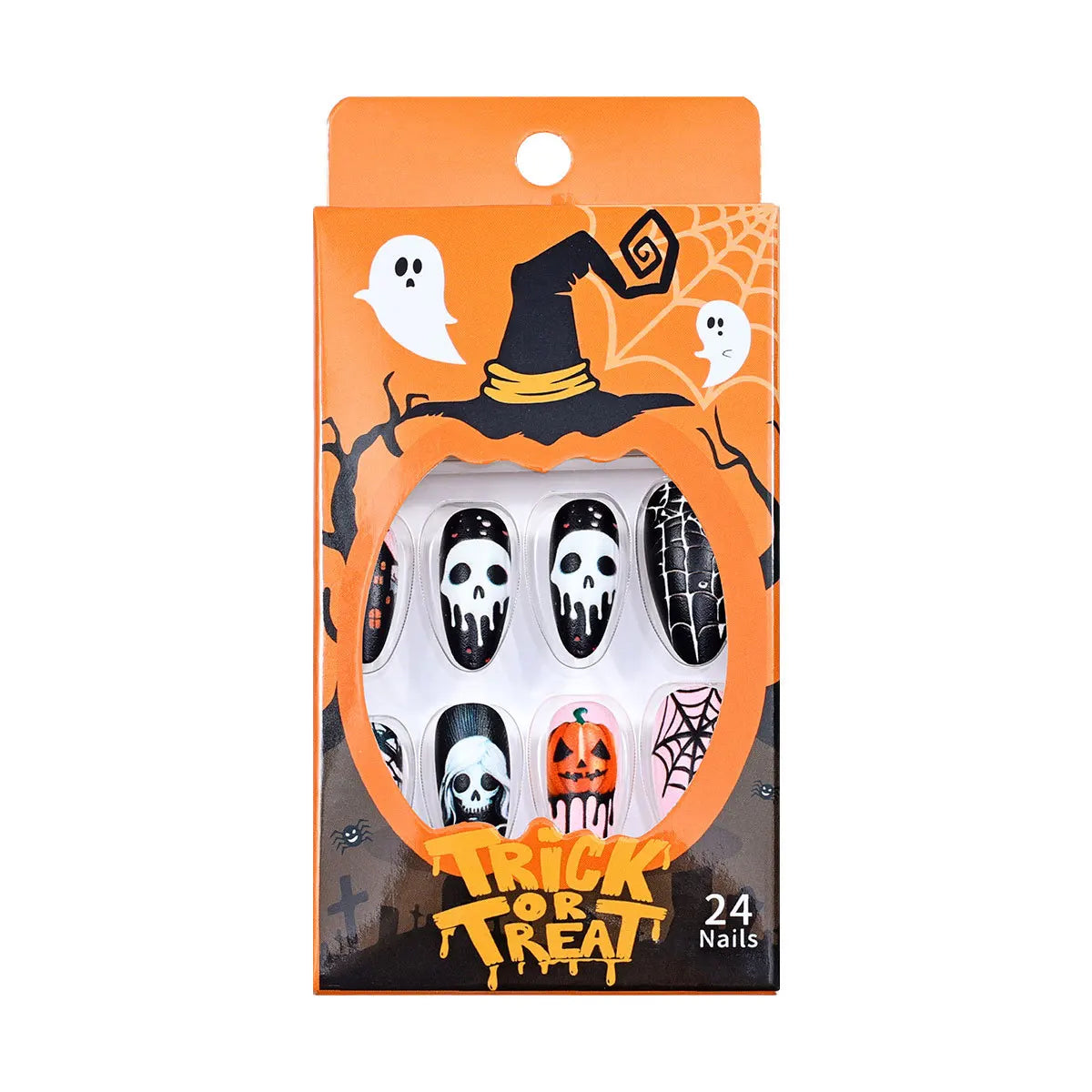 Halloween False Nails with Almond Head Designs Pumpkin Fake Nails French Full Cover Manicure Press on Nail Tips Ghost House
