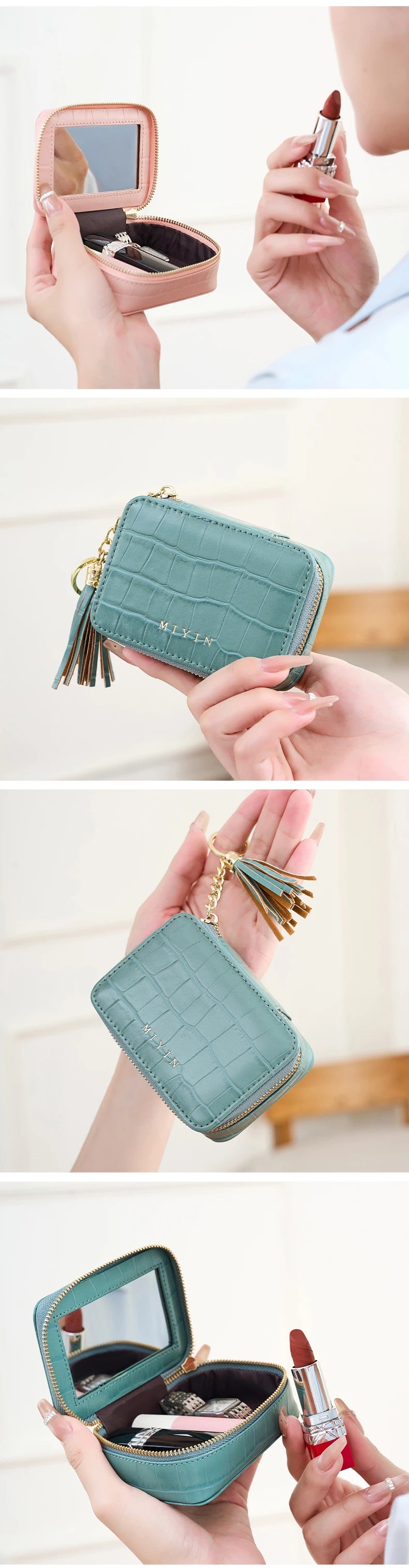 Mini Lipstick Makeup Bag Multifunctional Portable Travel Organizer Crocodile-Patterned PU Leather Womens Toiletry Bag Coin Purse