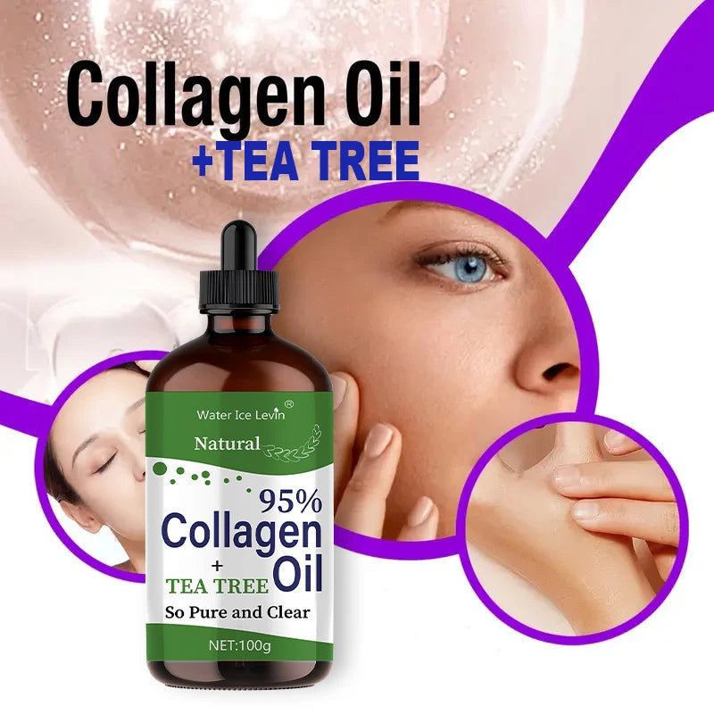 Tea Tree Collagen Oil 95% Pure Collagen Infusion. Smoothes Nourishes Skin. Lightweight Non-Greasy Feel. 100g Clear Formula.