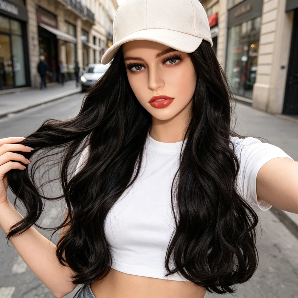 20" Beige Baseball Cap Wig Water Wave Hat Hair Extensions One-Piece Synthetic Hair Women Natural Heat Resistant Daily Outdoor