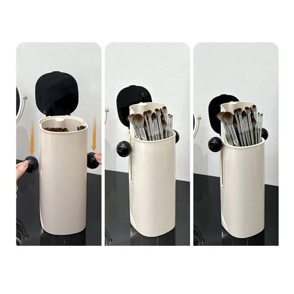 Large Capacity Automatic Lifting Makeup Brush Holder with Lid Press Type Makeup Brush Storage Tube Waterproof Dustproof