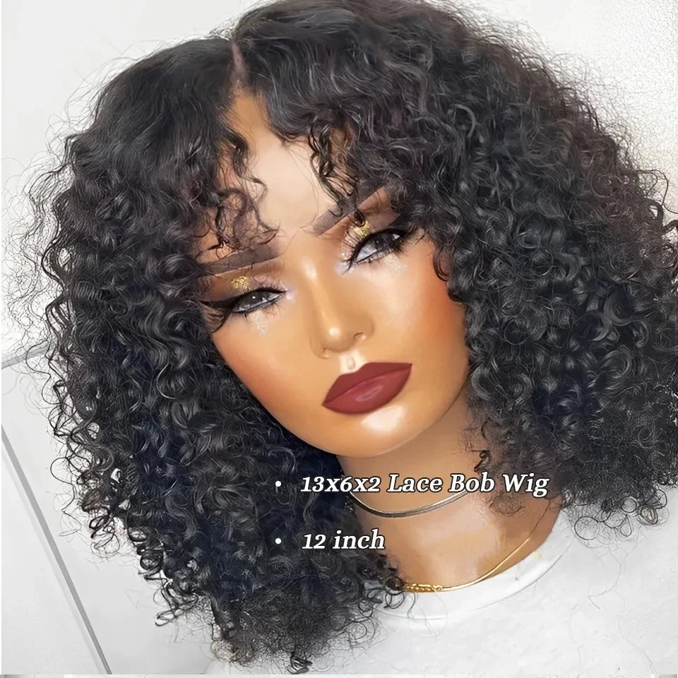 Sleek Brazilian Deep Curly Bob Wigs Nature Remy Black Dark Human Hair Bob Wigs Water Wave Lace Front Part P4/27 And Red 99J Wigs
