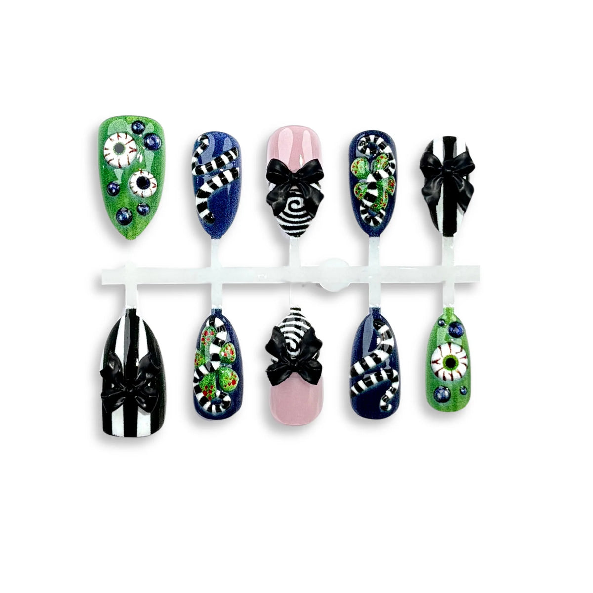 30pcs Halloween 3D Eyeball Press On Nails Snake Striped Bow Design Fake Nail Horror Spooky Short Almond False Nail for Women