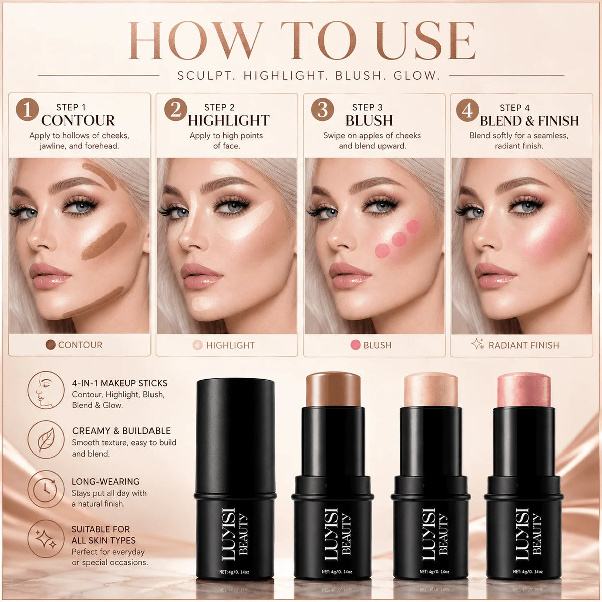 1PC Face Makeup Stick,Available in Contour,Highlighter&Blush,Natural Sculpted Glow Finish,Luxurious Cosmetics For Dairy Or Party