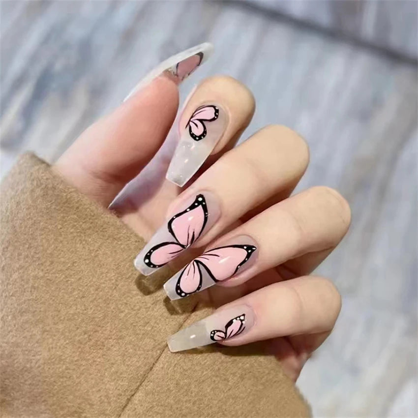 24 Pcs/Set Valentine's Day Long Almond Fake Nails Shape Novelty Pearl Bow Love Press on Nails Art Full Cover Stick-on Nails Tips