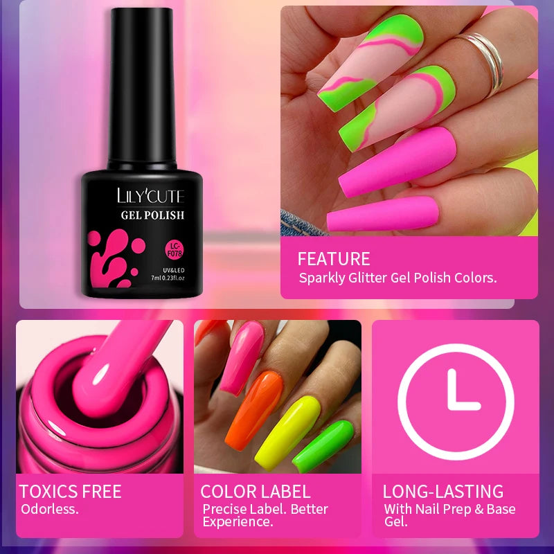 LILYCUTE 7ML Matte Fluorescence Color Gel Nail Polish Spring Summer All For Manicure Base Top Coat Semi Permanent Nails Art Gel