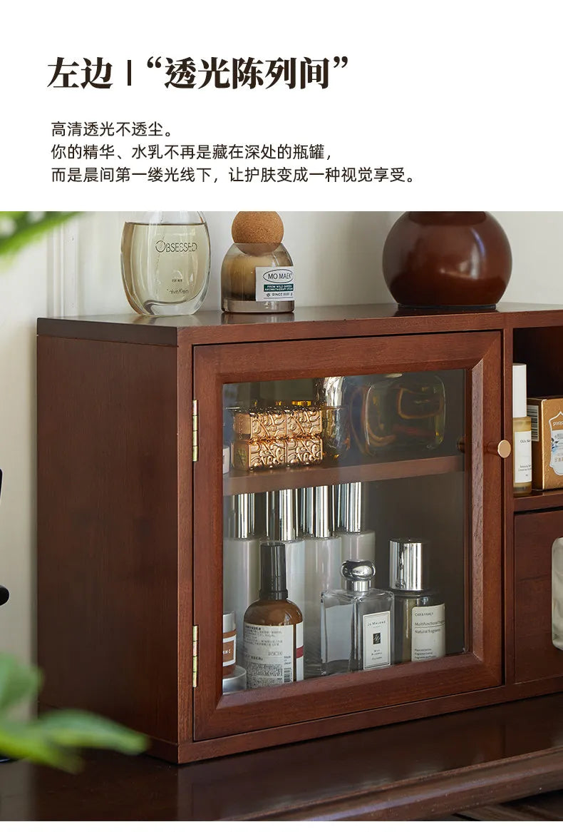 Mid Century Solid Wood Cosmetic Storage Box Drawer Organizer for Perfume Skincare Desktop Vanity Cabinet Rustic Makeup Holder