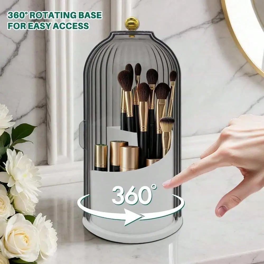 Makeup Brush Holder Organizer With Lid,360 Rotating Dustproof ABS Storage Caddy,3 Slots Sliding Lid Toothbrush Holder With Non-Slip Base,Multi-Use Space-Saving Organizer For Makeup Brushes Toothpaste,Perfect For Vanity Bathro