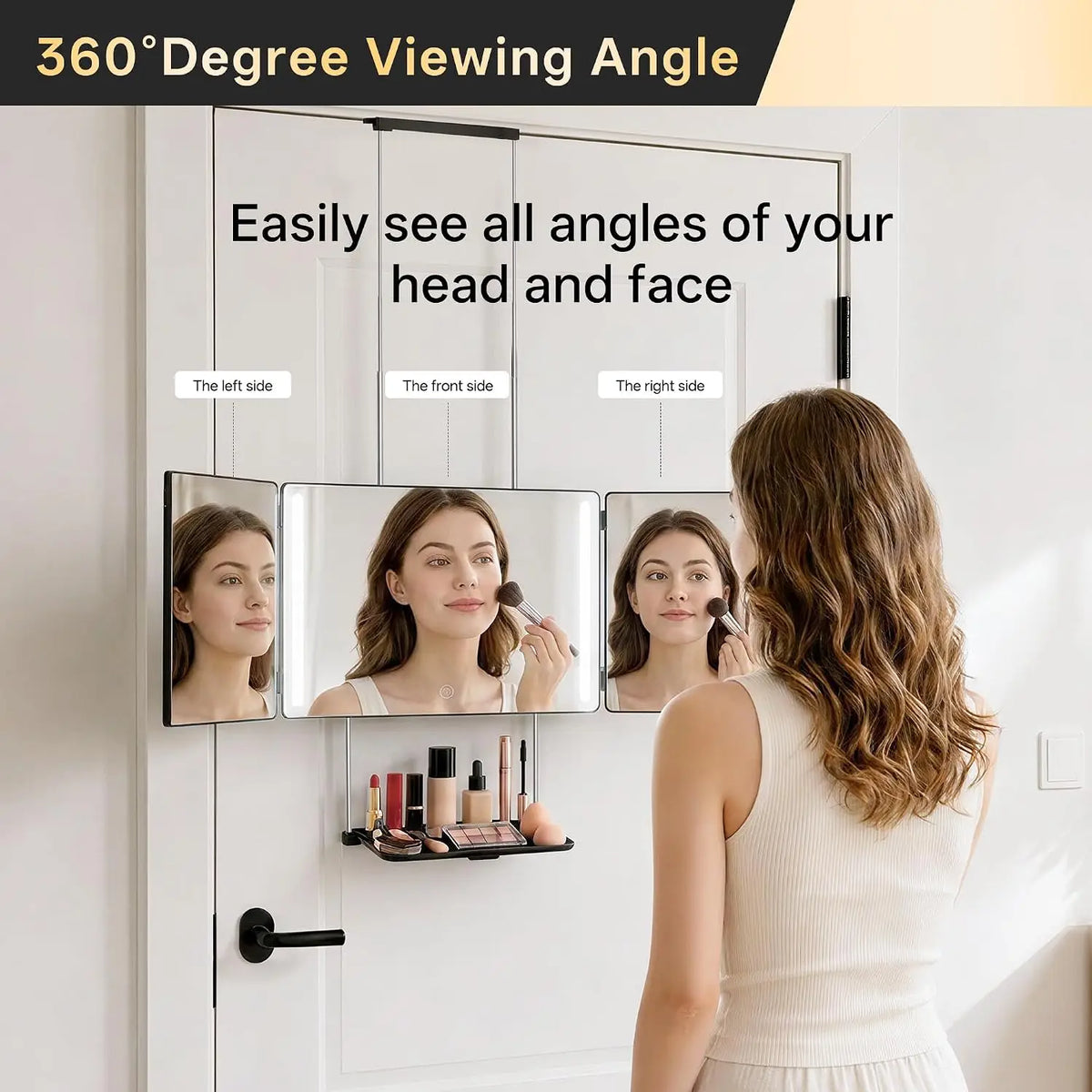3 Way Mirror for Hair Cutting with LED,360 Trifold with Height Adjustable Telescoping Hooks,for Makeup and Styling (Black)
