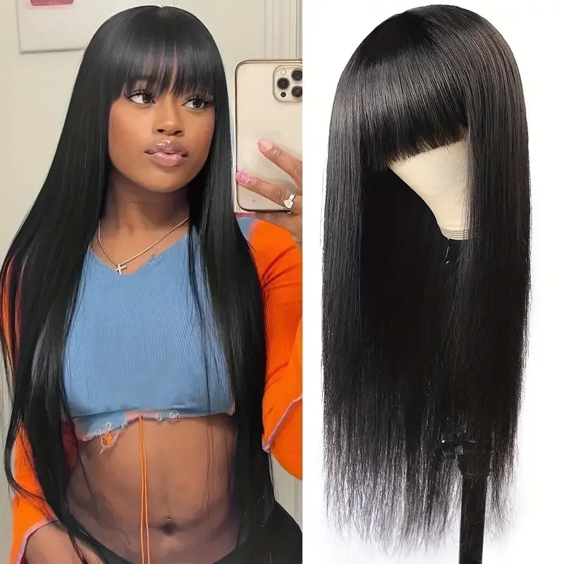 Silky Straight Human Hair Wigs With Bang Full Machine Made Wigs 8-30inch Natural Color AHJF Peruvian Remy Human Hair Wigs 220%
