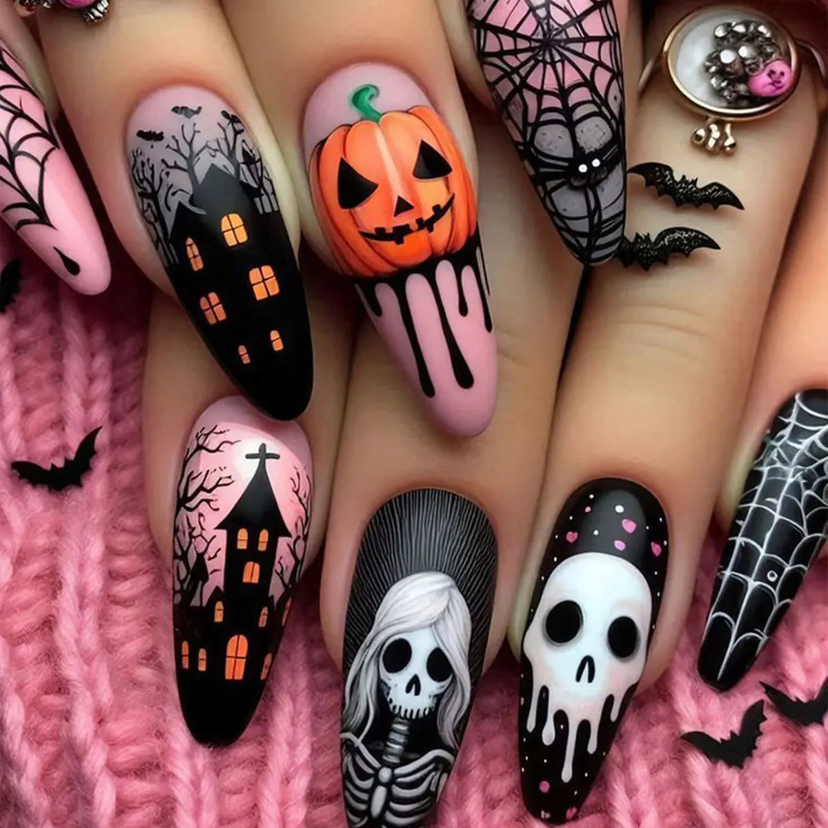 Halloween False Nails with Almond Head Designs Pumpkin Fake Nails French Full Cover Manicure Press on Nail Tips Ghost House
