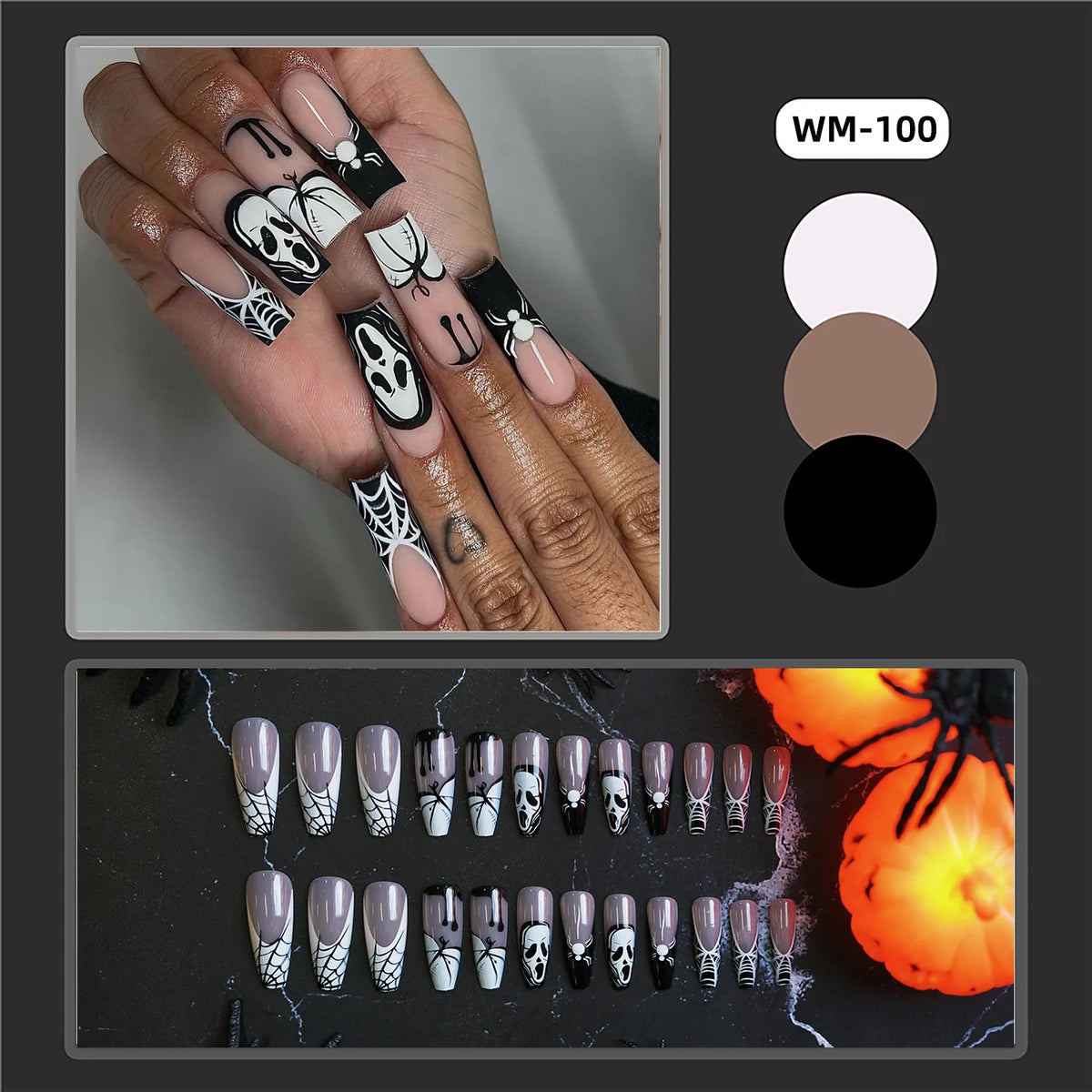 24pcs Halloween False Nails Ghost Witch Pumpkin Print Fake Nails Tips Wearable Detachable European Long Ballet Press on Nails
