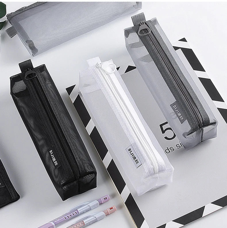 1PC Makeup Bags Case White Gray Black Large Capacity Mash Transparent Cosmetic Brush Bags Students Long Style Nylon Pencil Case