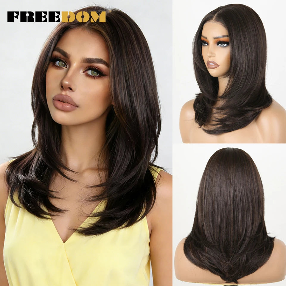 FREEDOM Synthetic Lace Front Wigs For Women Straight Bob Layered Wigs 13X3 Pre Plucked 16" Ombre Blonde Highlight Daily Use Wig