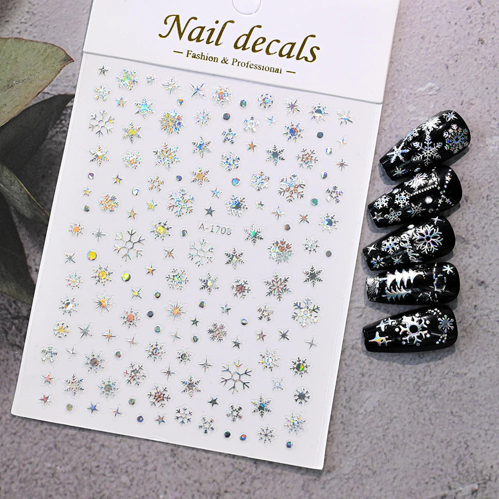 1pcs Holographic Laser Snowflakes Christmas Nail Stickers Starburst Snowman Christmas Nail Decals Metallic Xmas Manicure Sliders