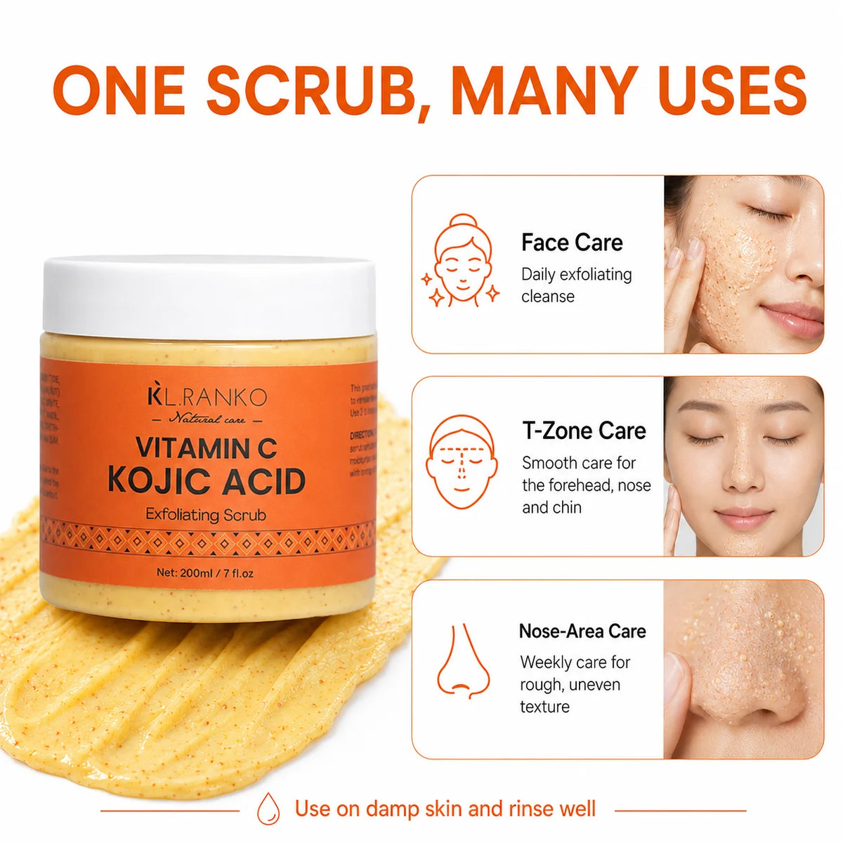 KL.RANKO Vitamin C & Kojic Acid Exfoliating Scrub | Face Scrub & Exfoliating Body Scrub - Vitamin C and Kojic Acid Body Scrub for Brightening, Exfoliating & Soothing, Even Skin Tone Care, Korean Skincare, 200ml/7 fl.oz