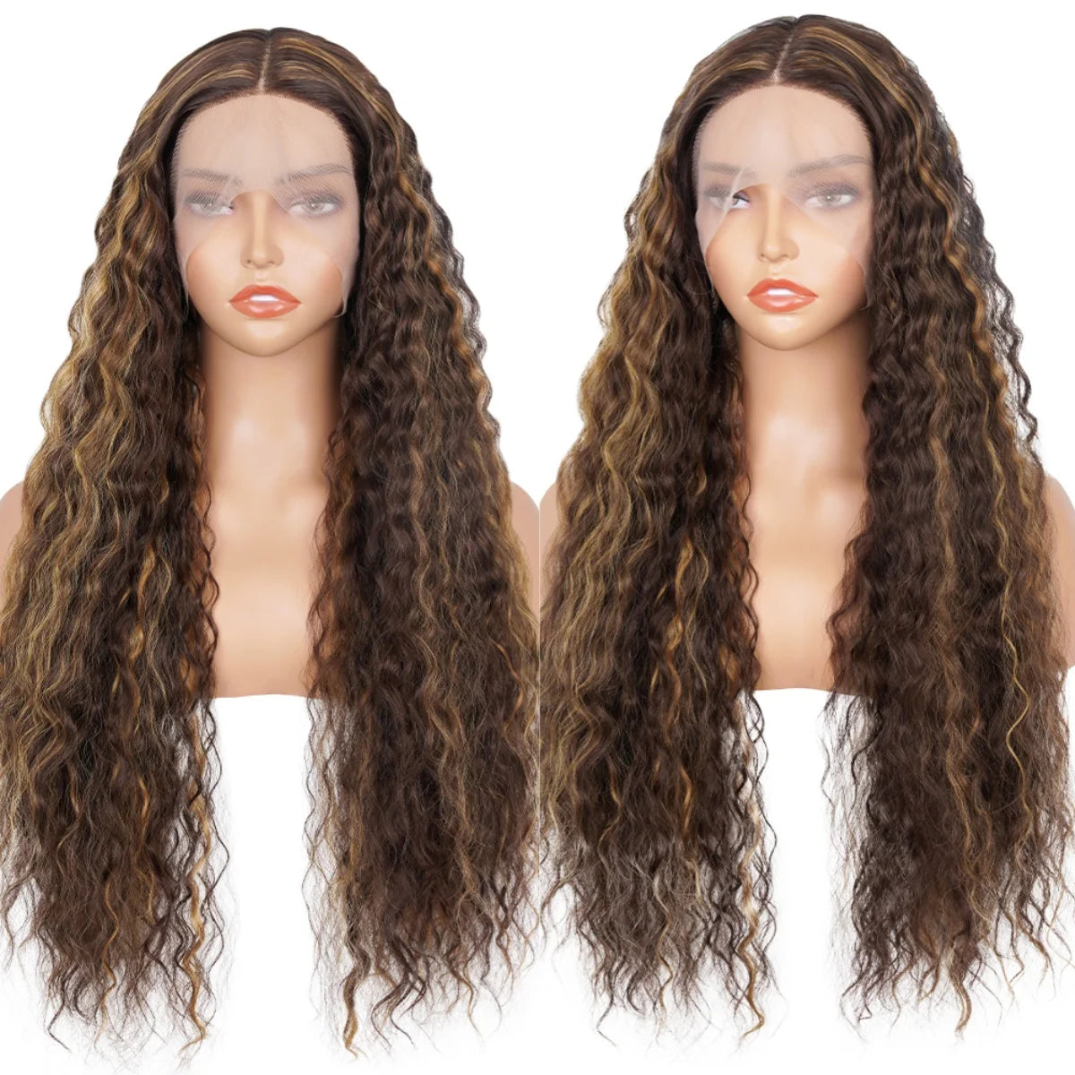 Highlight Deep Wave Wig Ombre Honey Blonde Kinky Curly Lace Front Wig Gluless Deep Wave Lace Wigs Synthetic Heat Resistant Fiber