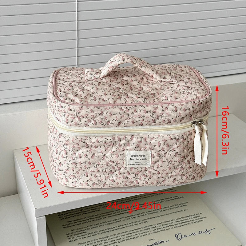 【Sweet Corduroy Floral Cosmetic Bag Portable Large Capacity Storage Bag Travel Makeup Bag Toiletry Organizer For Girls】