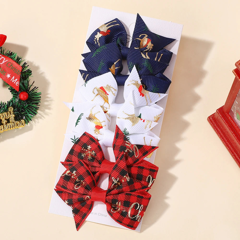 6Pcs/set Christmas Element Ribbon Bow Hair Clip Set Children's High-quality Ribbon Bow Hair Accessory Hairgripes