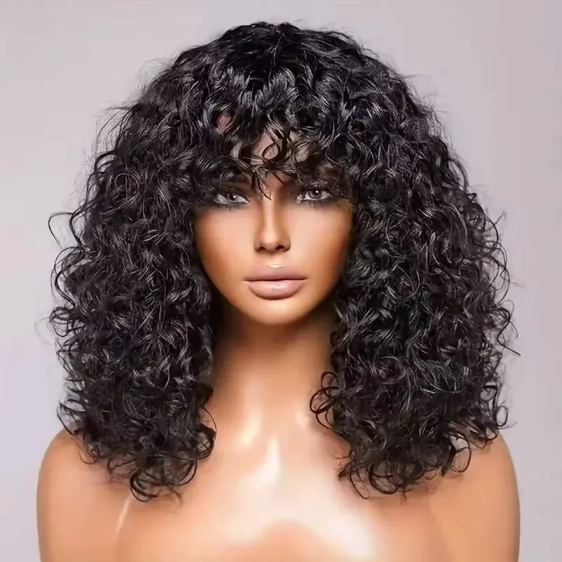 3X1 Middle Part Lace Curly Bob Wigs With Bangs Brazilian Hair Machine Made Short Bob Wig With Realistic Scalp Natural Black Color