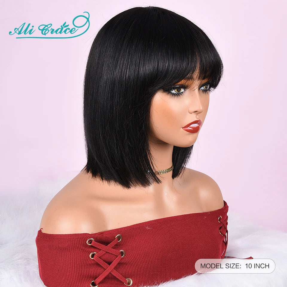 Ali Grace Straight Bob Human Hair Wigs With Bang Natural Color Full Machine Made Wigs 180% Density Brazilian Remy Hair Bob Wigs