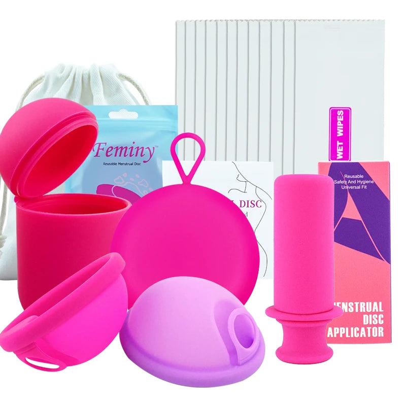 Feminy Menstrual Disc Kit Medical Grade Reusable Soft Silicone Period Disc with Sterilizer Case Applicator Leakproof Monthly Cup