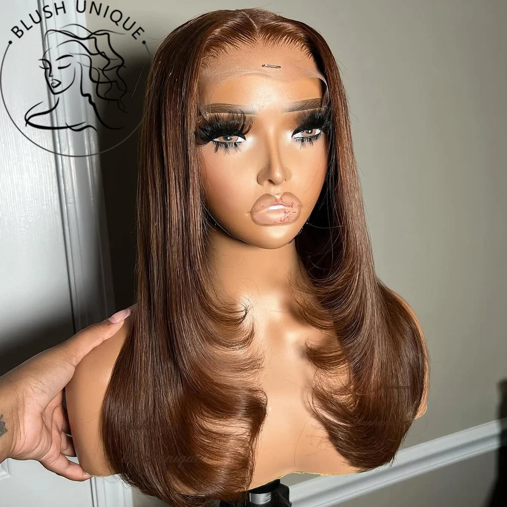 Chocolate Brown Layered Cut Lace Front Wigs HD 13X6 Straight Lace Front Wig For Women Synthetic Butterfly Haircut Glueless Wigs