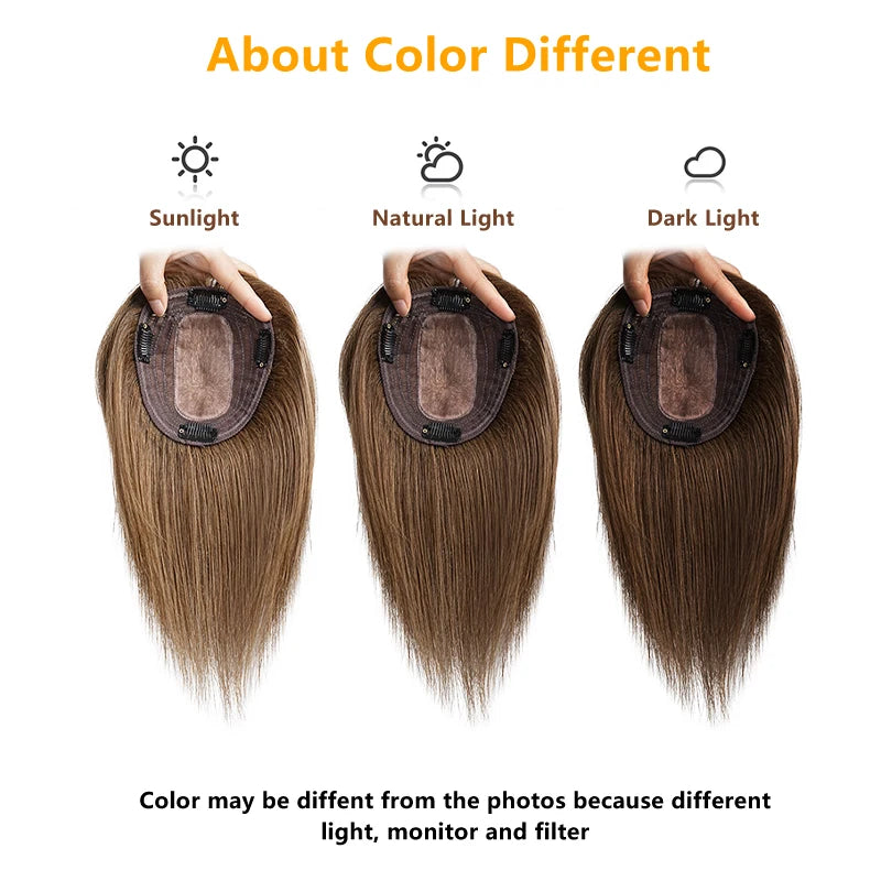 10 Inch 100% Human Hair 13X12cm Hairnet Clip in Hair Topper Extension with Bangs Top Wig Piece for Women Daily Life