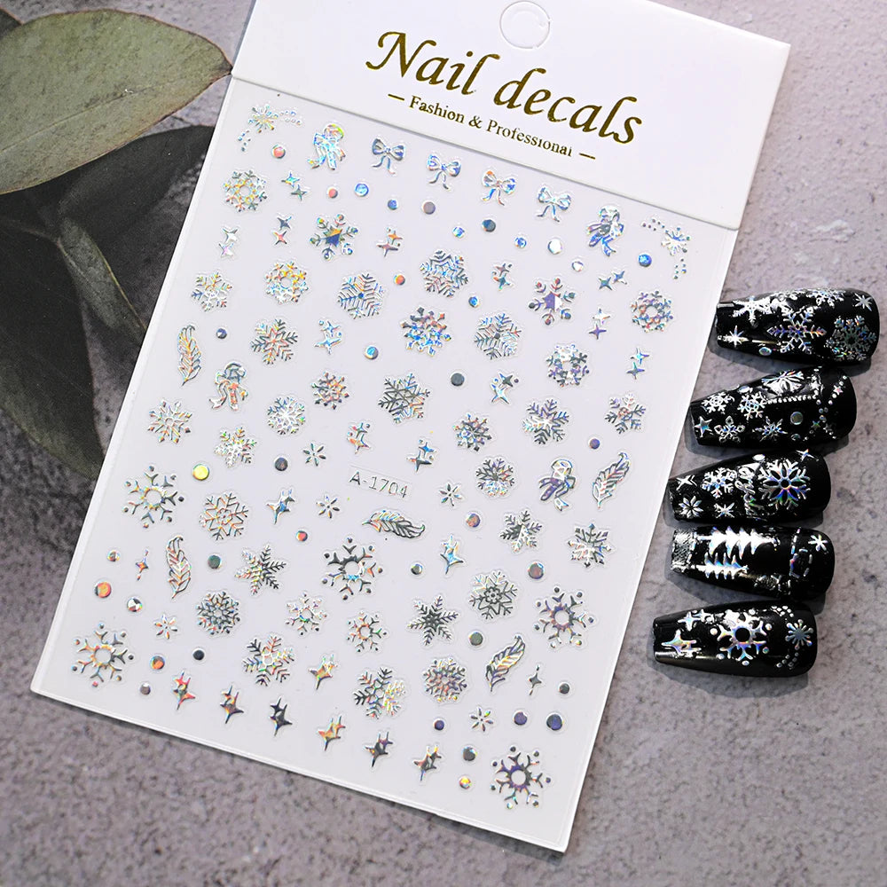 1pcs Holographic Laser Snowflakes Christmas Nail Stickers Starburst Snowman Christmas Nail Decals Metallic Xmas Manicure Sliders