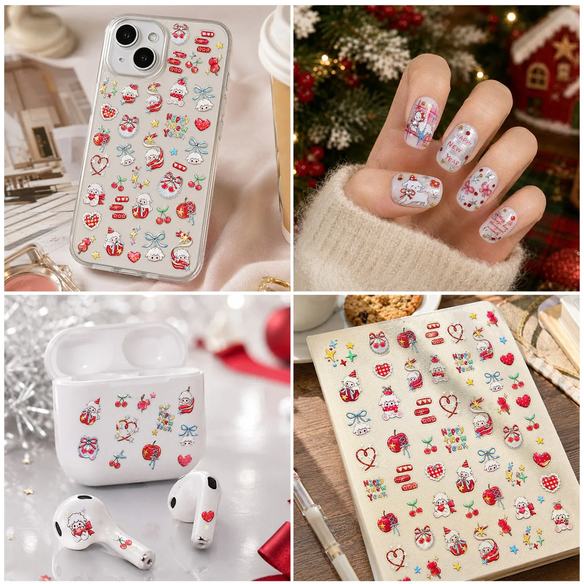 Christmas New Year Theme White Sheep Gift Box Plaid Bow Apple Snowflake Star 5D Nail Stickers Self‑adhesive Nail Holiday Party