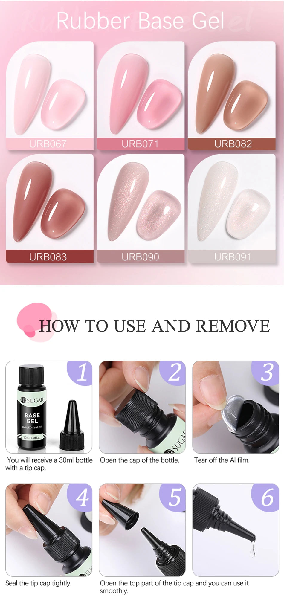UR SUGAR 30ml Refilled Rubber Base Gel Big Capacity Crystal Nude Pink Clear Soak Off UV LED Nail Art Varnish Constructed Gel