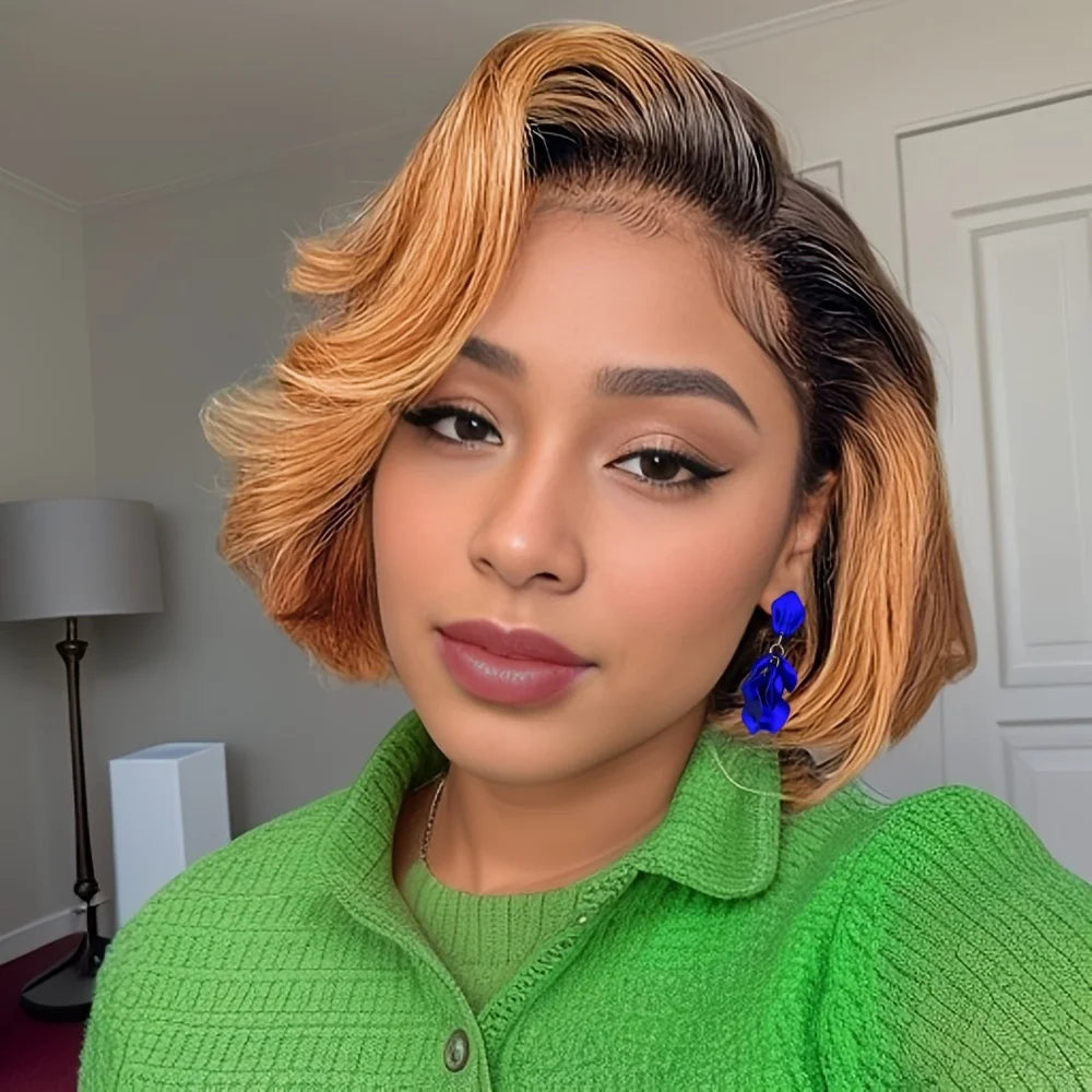 Straight Short Bob Wig 13x4 Lace front Bob Wigs Brazilian Human Hair Wig Preplucked For Woman Short Pixie #1B30 Color ﻿