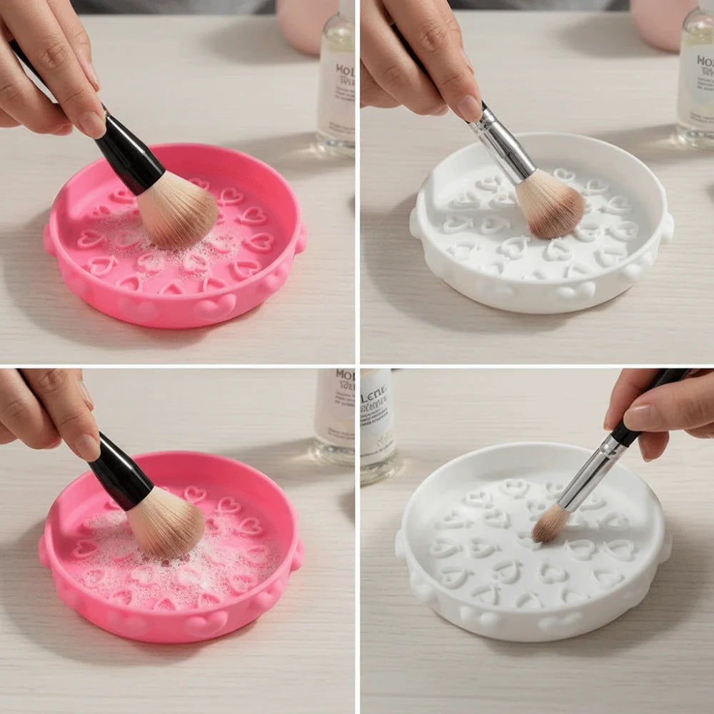 Cute Brush Cleaning Tray Portable with Textured Base Makeup Brush Cleaner Bowl Scrubbing Pad Cleaning Mat Brush Cleaning Tool