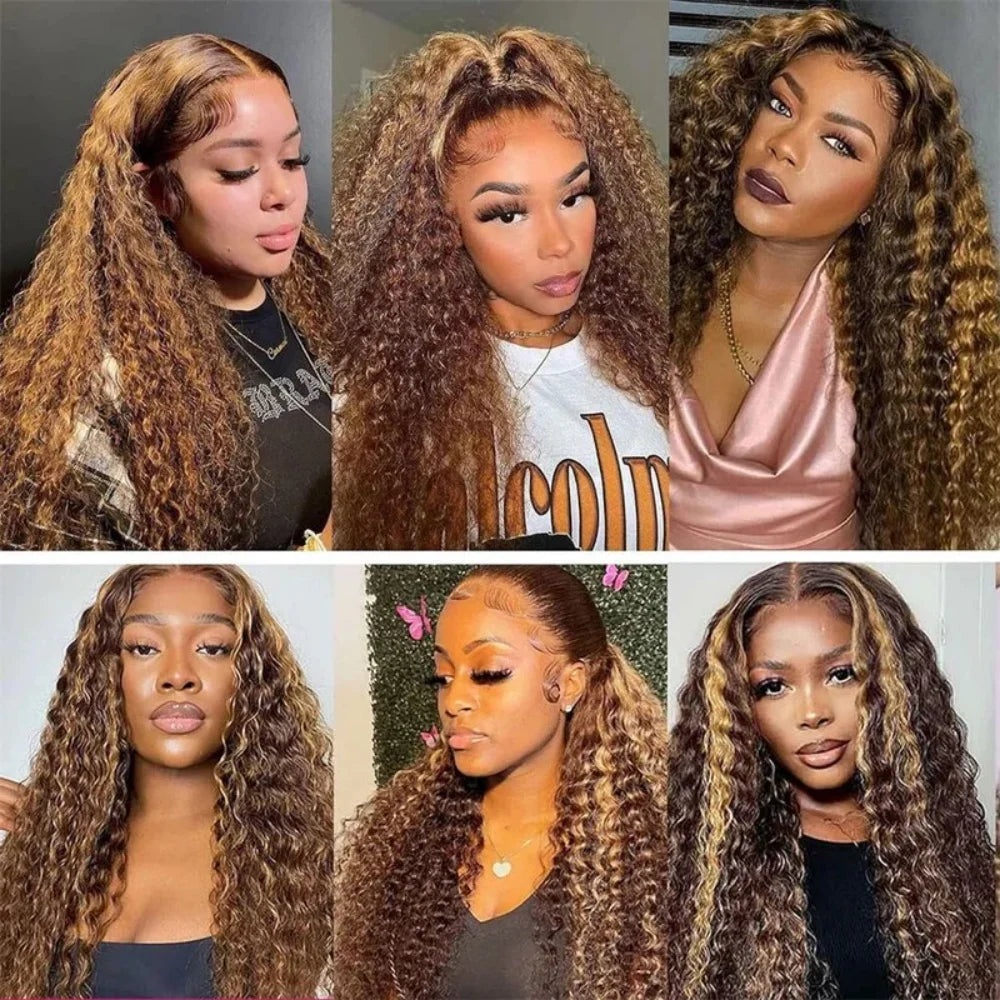 Highlight Deep Wave Wig Ombre Honey Blonde Kinky Curly Lace Front Wig Gluless Deep Wave Lace Wigs Synthetic Heat Resistant Fiber