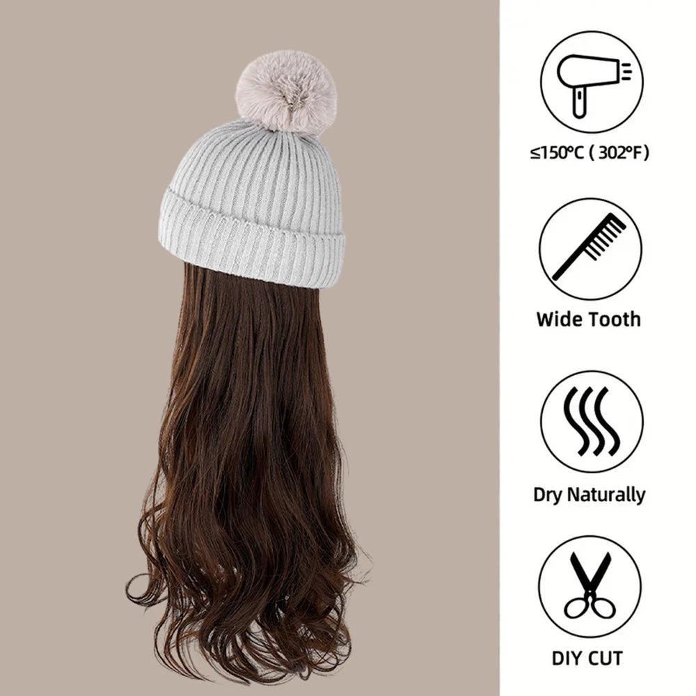 Winter Female Hat Wig With Curly Hair Extensions Synthetic Wave Wig Cap Dismountable Stylish Outdoors Beanie For Camping Hiking