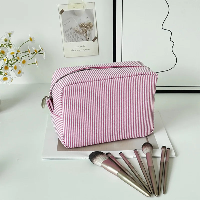 Personalized Striped Cosmetic Bag with Custom Text Embroidery Portable Travel Wash Bag Storage Pouch for DIY Makeup Skincare
