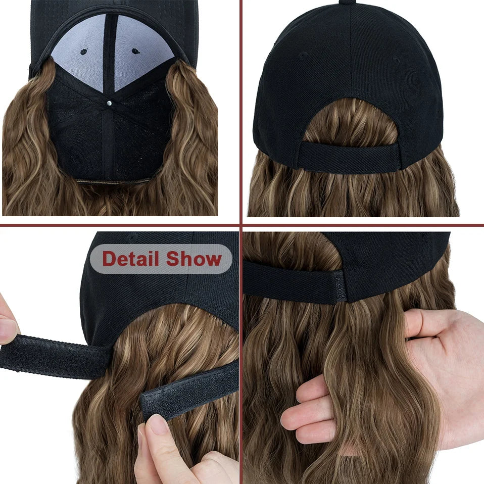 Benehair Hat Wig for Women 8 Inches Wave Baseball Cap Wig with Curly Hair Extensions Wig Synthetic Wave Wig Hat Adjustable Brown