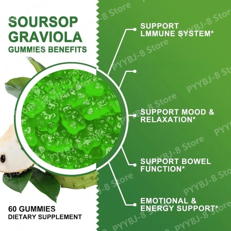 Soursop Graviola Gummy with Soursop Leaf Extract Sea Moss and Vitamin C Enhance The Immune System and Assist Digestion 60 Count
