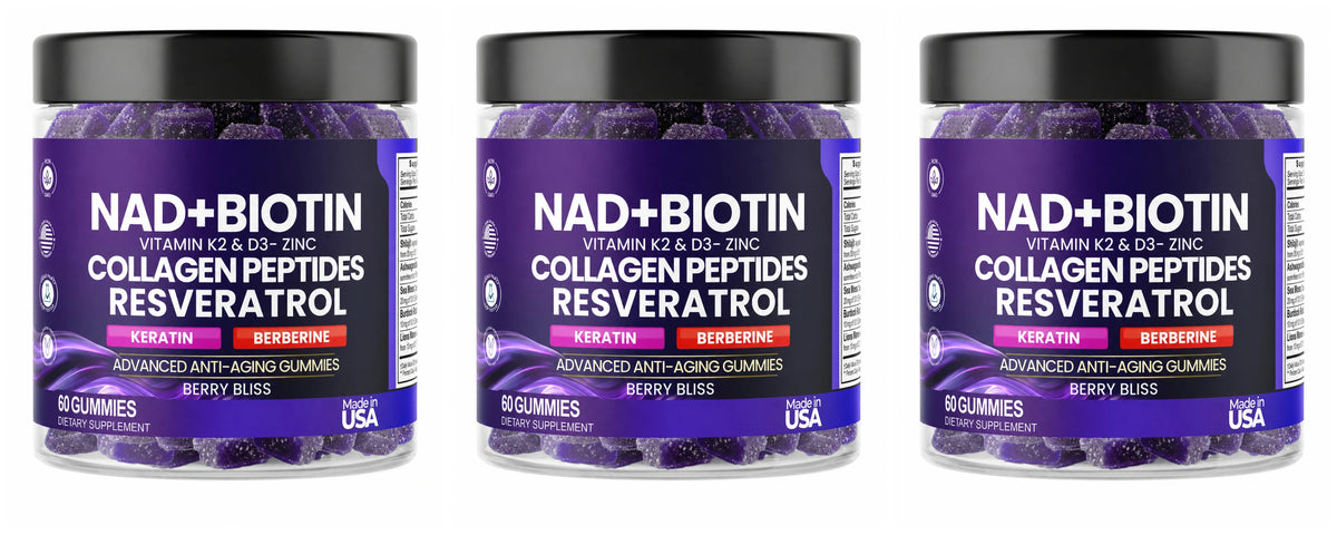 Biotin Collagen Gummies with NAD+ Resveratrol Vitamin D3 K2 Zinc Daily Beauty Wellness Supplement 60 Count Berry Flavor