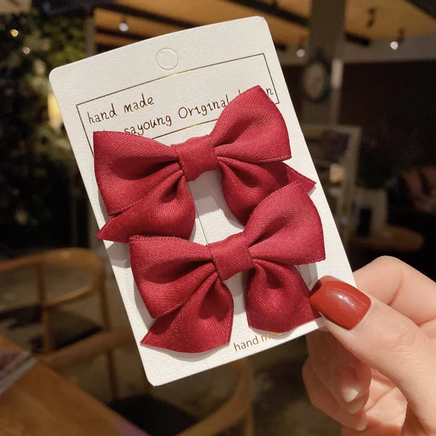 2Pcs Kids Red Bows Hair Clips for Baby Girls Handmade Ribbon Bowknots Hairpins Barrettes New Year Christmas Hair Accessories