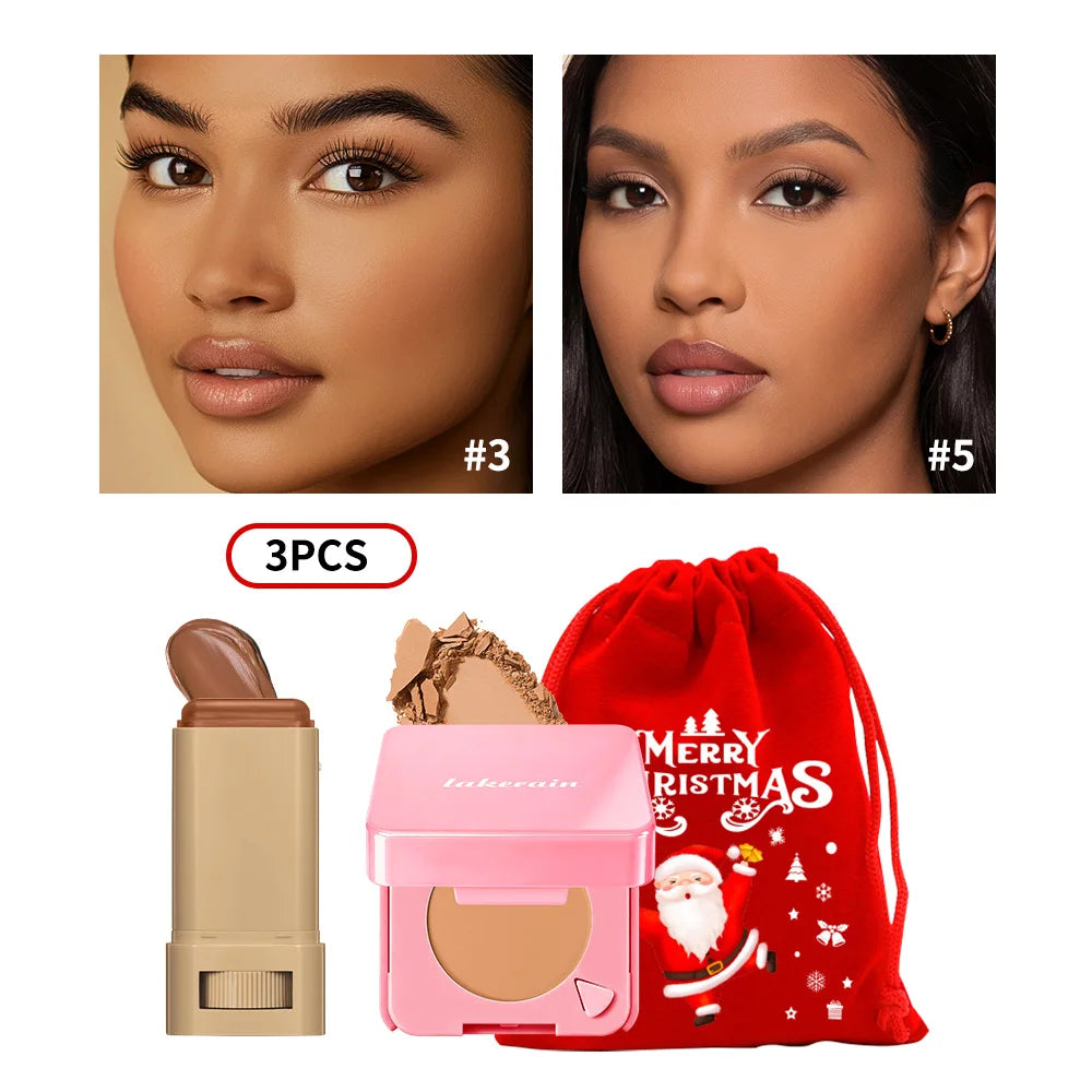3Pcs Foundation Stick Face Pressed Powder Compact with Christmas Drawstring Bag Long Lasting Matte Face Cosmetic Christmas Gift