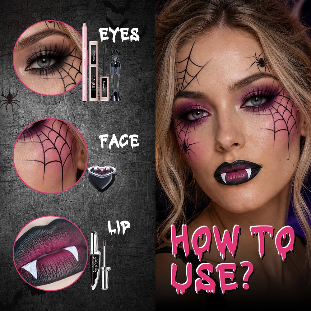 Halloween Gothic Makeup Set Waterproof Eyeliner Pencil Mascara Lip Gloss Cream Blush Kit Long Lasting Creative Makeup Cosmetic