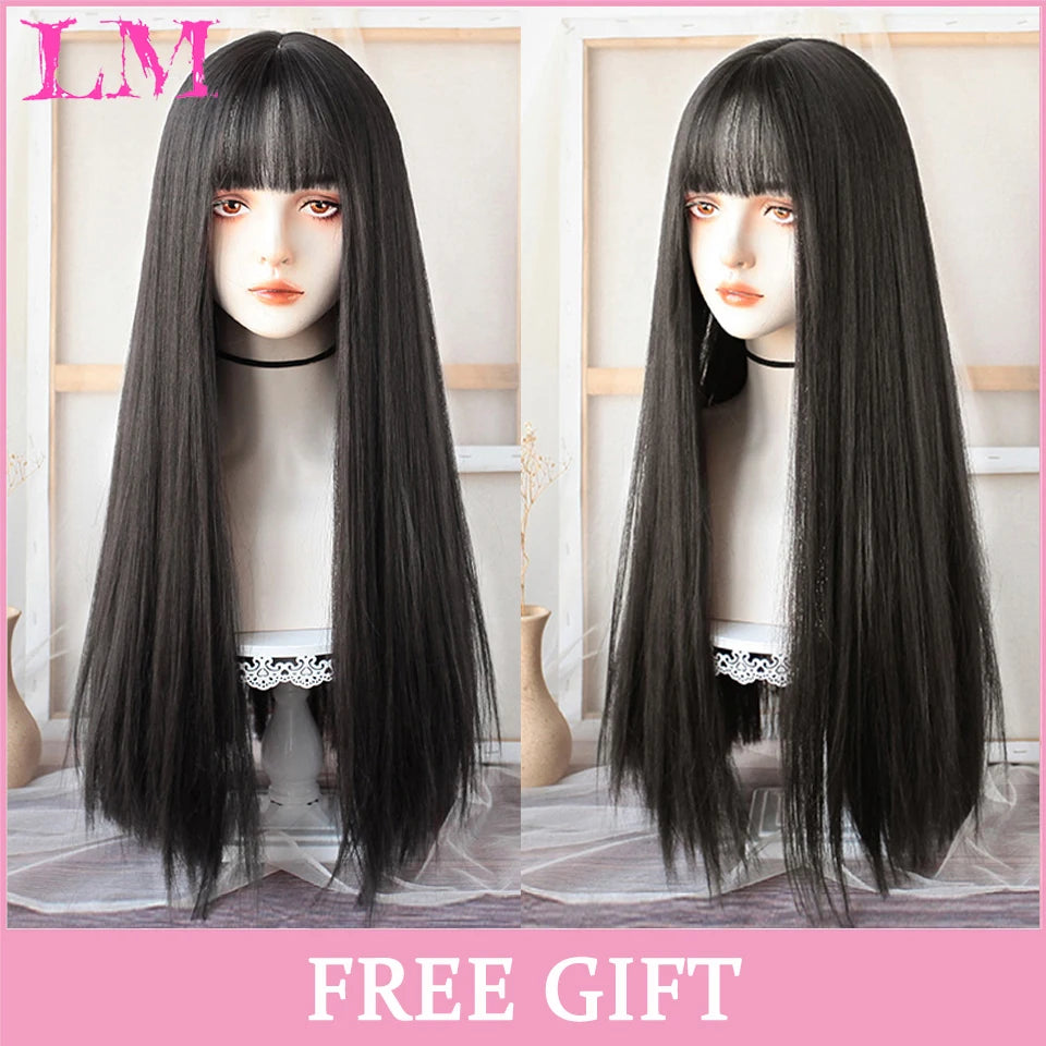 LM Light Blonde Wave Hair Wig Synthetic Long Wavy Wigs with Bangs for Women Cosplay Natural High Temperature Fiber