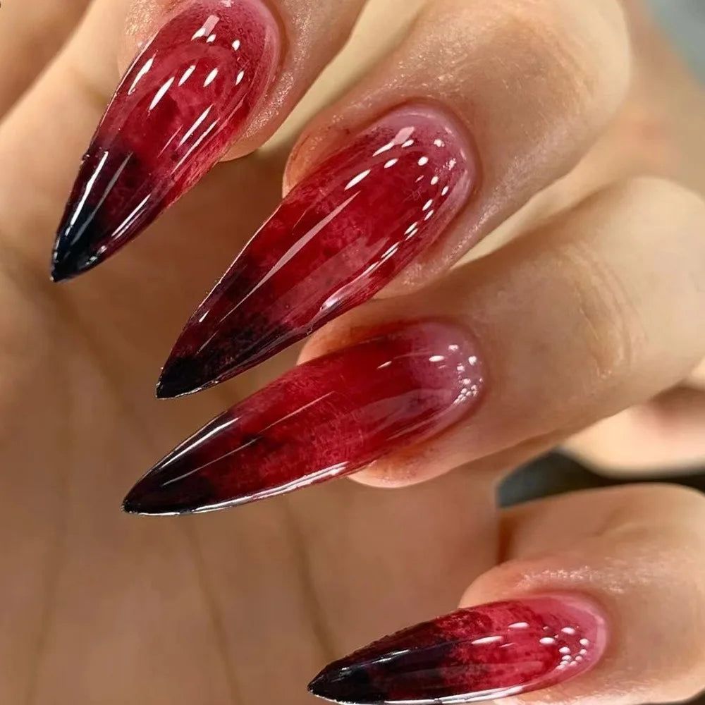24Pcs Gothic Halloween Press on Nails Long Stiletto 3D Spiral Black‑Red Gradient Glossy Full Cover Fake Nails for Cosplay Party