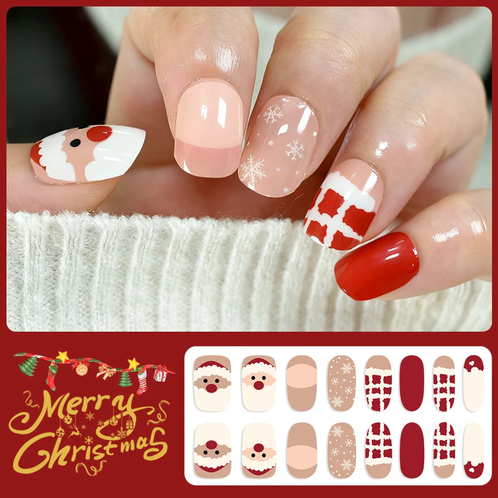 16Tips 3D Full Cover Christmas Series Nail Stickers Adhesive No Light Need Nail Art Wraps Strips Festival Manicure Polish Tips *