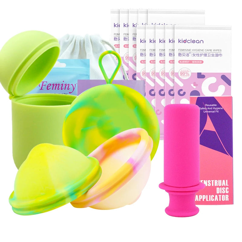 Feminy Menstrual Disc Kit Medical Grade Reusable Soft Silicone Period Disc with Sterilizer Case Applicator Leakproof Monthly Cup